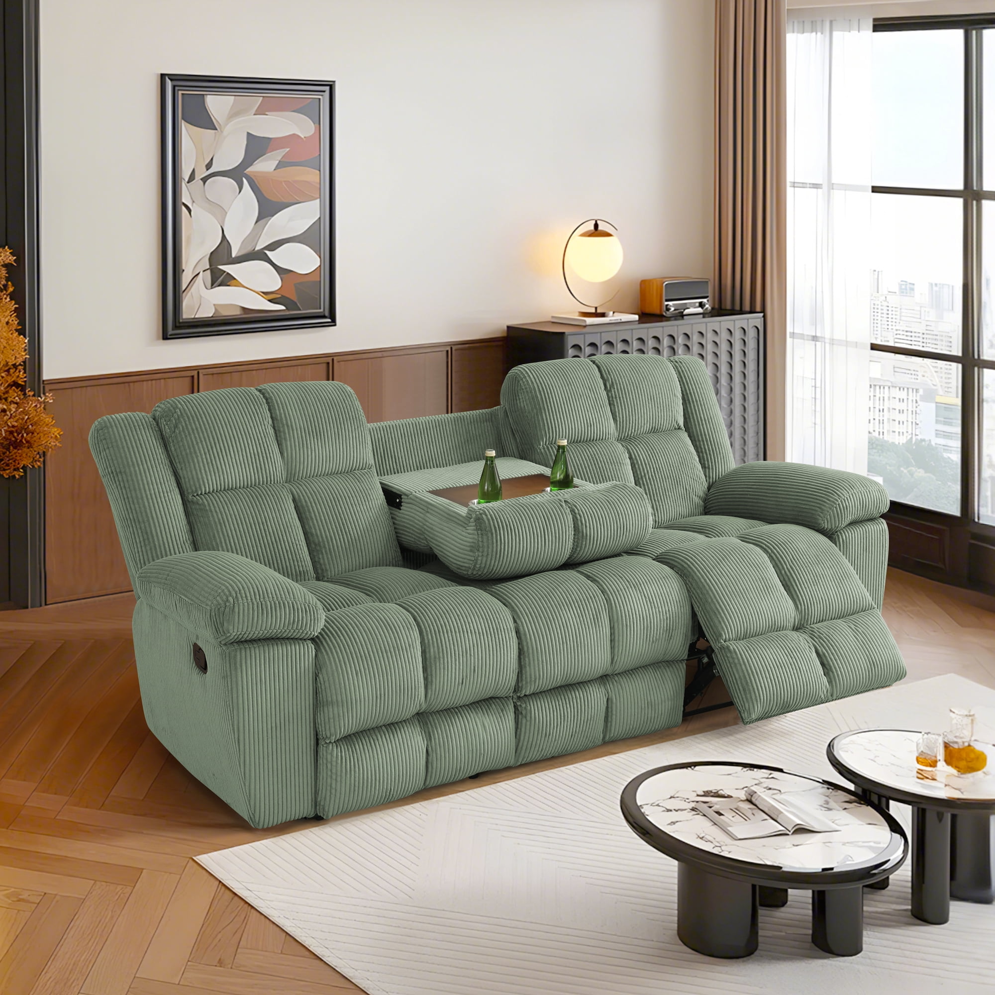 Gewnee Multifunctional Sofa, Foldable Table, Corduroy Upholstery, Solid Wood Frame, Ideal for Living Room, Green
