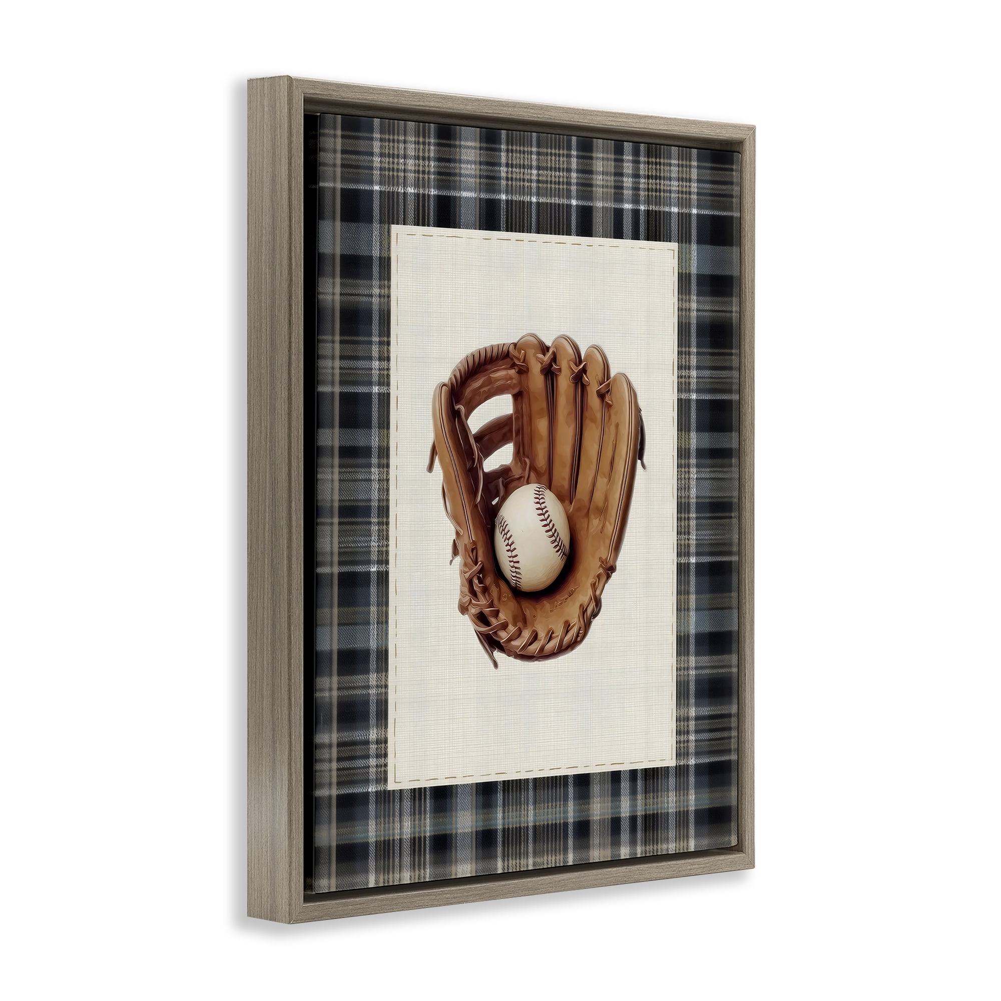 Stupell Industries Baseball Glove with Plaid Brown Framed Floater Canvas Wall Art, design by Arlington Prints