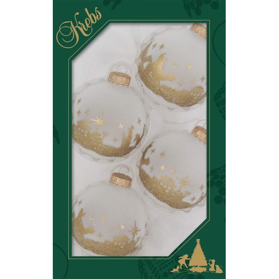 Glass Christmas Tree Ornaments - 67mm/2.63" [4 Pieces] Decorated Balls from Christmas by Krebs Seamless Hanging Holiday Decor (Frost with Gold Bethlehem Scene)