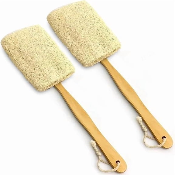 Fu997 2 Pack Natural Exfoliating Loofah Luffa Loofa Bath Brush On a Stick, Shower Sponge Back Scrubber with Long Wooden Handle for Men & Women, Deep Clean and Invigorate Your Skin Back Brush