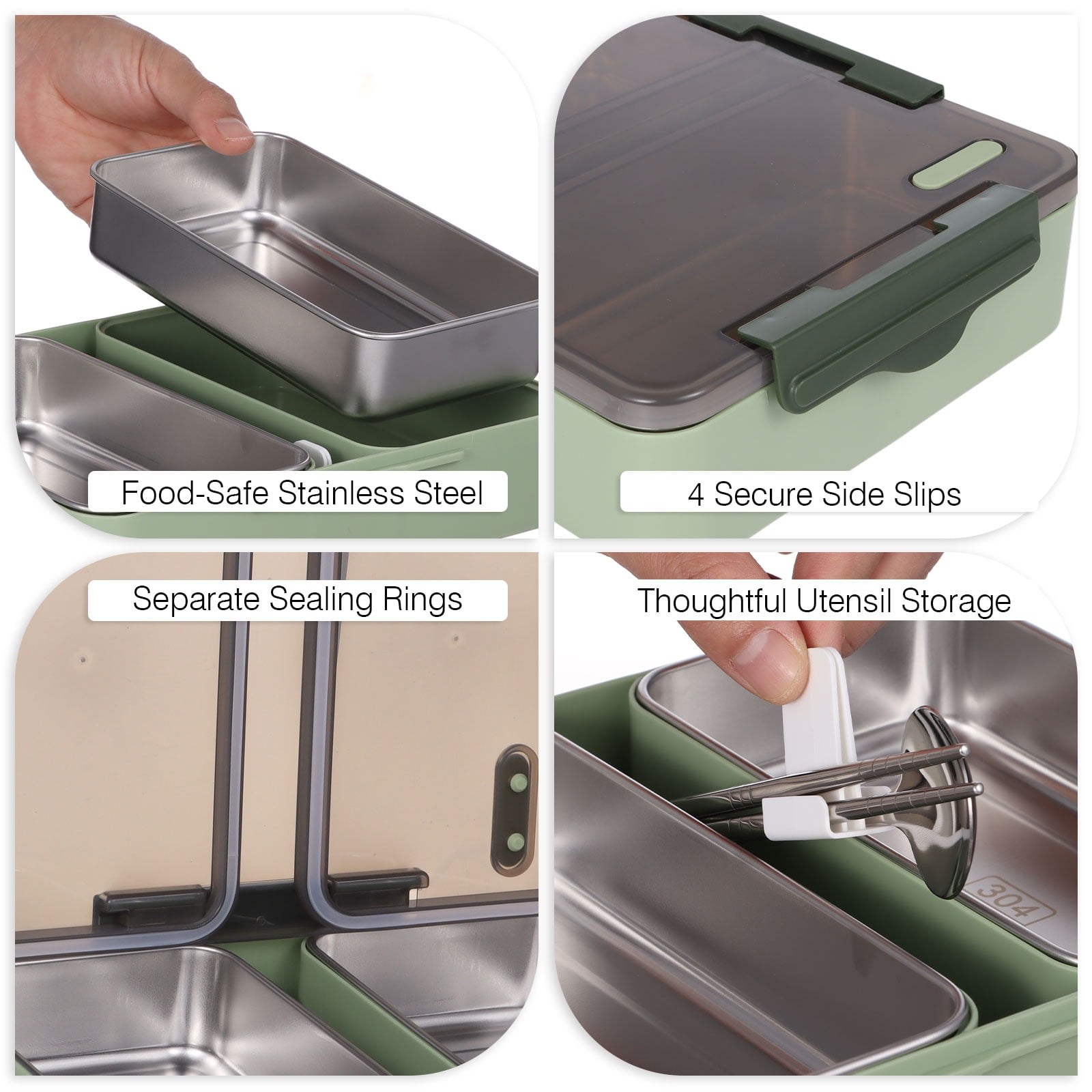 Bento Box Set 1000ml, Leakproof Lunch Container with 2 Stainless Steel Compartments, Microwave-Safe Food Container with Spoon Chopsticks Small Plastic Box for Work Picnic Meal Prep