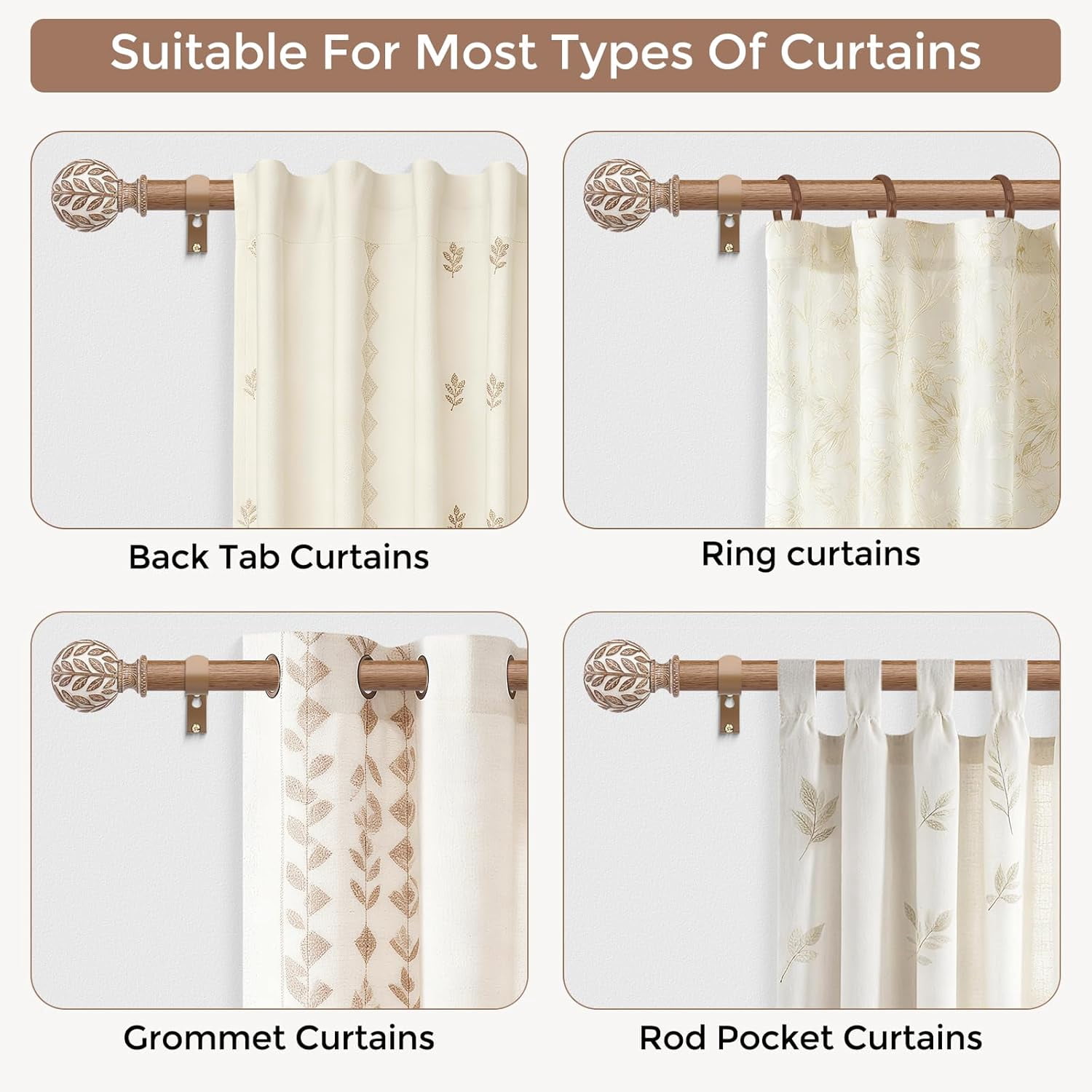 Boho Black Curtain Rod, 1 Inch Decorative Adjustable Heavy Duty Curtain Rods for Windows 30 to 56 Inch, Rustic Window Treatment Rods with Handmade Leaf Finials, Easy Installation