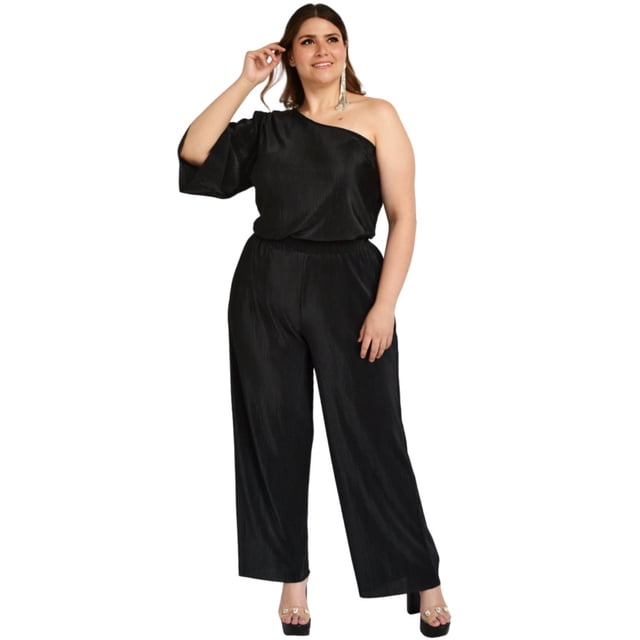 conjunto plisado roman fashion/tallas extras, 0624 (negro) negro 42 roman fashion set-ely-0624-negro Conjunto plisado negro de dos piezas: blusa asimétrica de un hombro con manga campana y pantalón de talle alto de pierna ancha con elástico en cintura. Tejido stretch plisado (82% poliéster, 18% spandex), corte curvy talla extra; modelo de pie sobre fondo blanco, apto para eventos y looks de temporada.