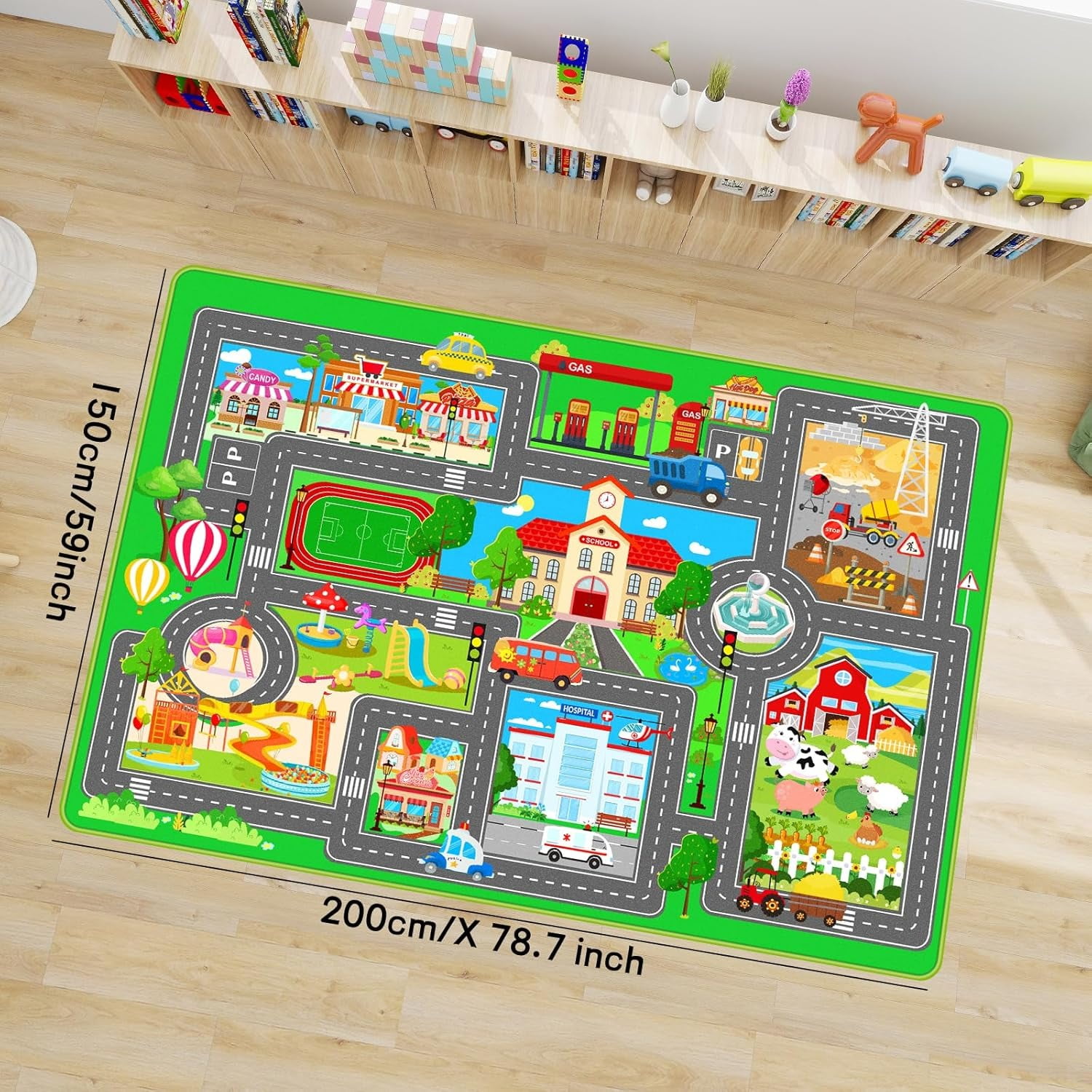 Kids Car Playmat, Kids Rug for Playroom Car Mat Town City Road Traffic Rugs, Play Mat for Floor, Extra Large Boys Kid Car Track Play Rug ( 78.7X 59 INCH)