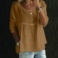 thumbnail image 2 of Feancey Summer Tops for Women Linen 3/4 Sleeve Blouse Round Neck Casual Loose Tunics Beach Vacation Pullover Tees Brown XL, 2 of 7