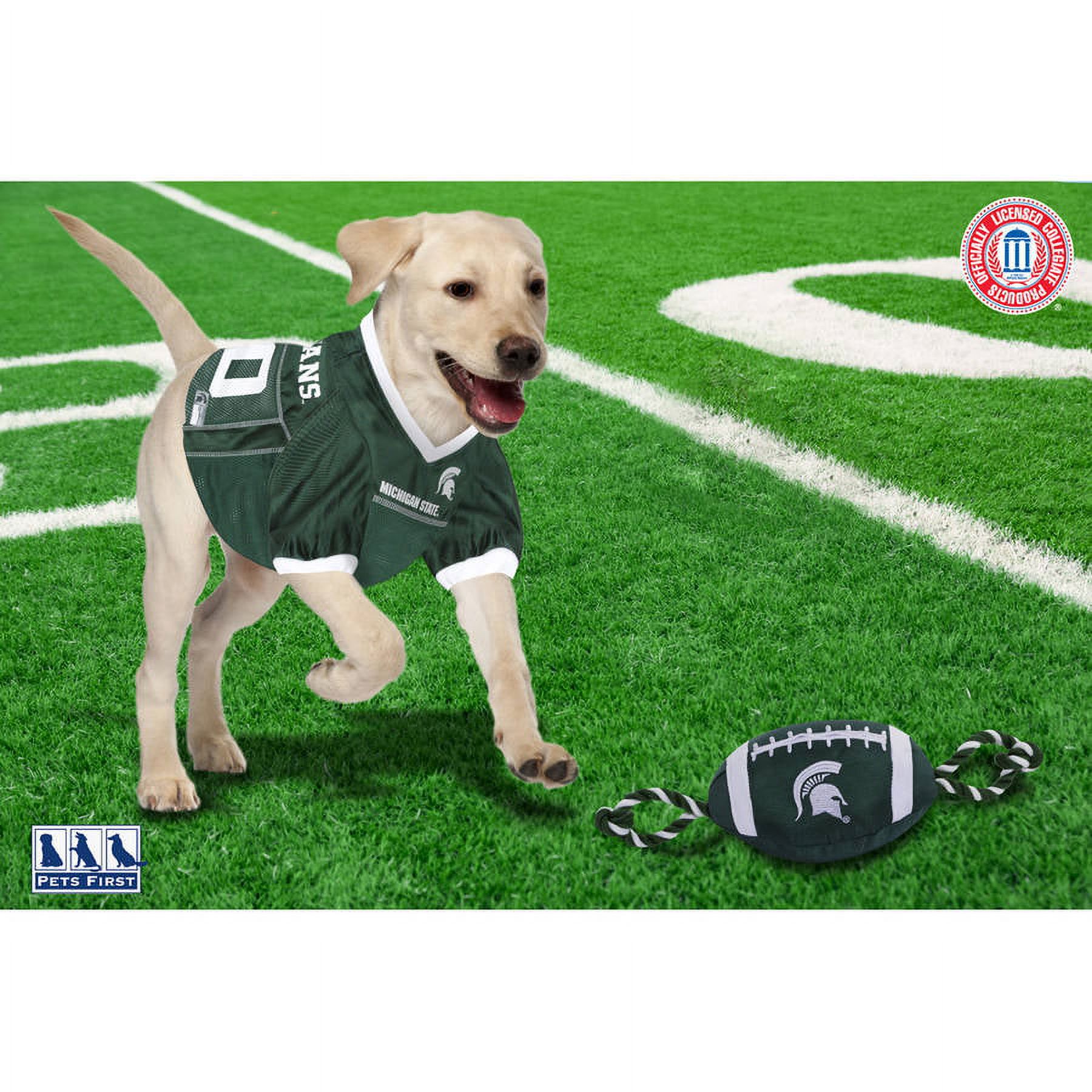 Pets First NCAA Michigan State Spartans Strong, Durable, Chewable Football Dog Toy with Inner Squeaker and Side Ropes, Officialy Licensed