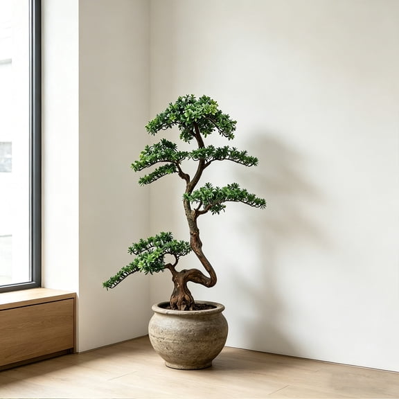Artificial Pine Tree Fake Pine Plant Faux Plastic Green Leaves Natural Trunk With Plastic Planter for Home Office Indoor Outdoor Decor 100cm