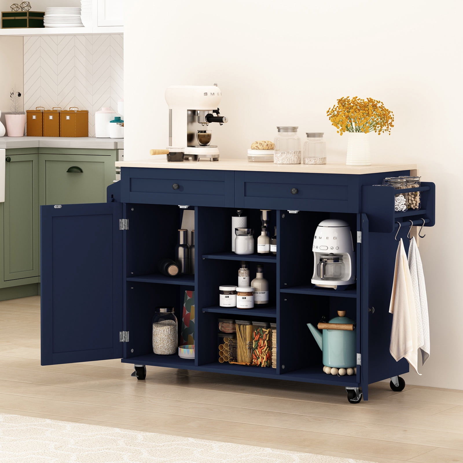 HLR 51.7" W Rolling Kitchen Island On Wheels, Cart With Drop Leaf Countertop with Storage, Blue