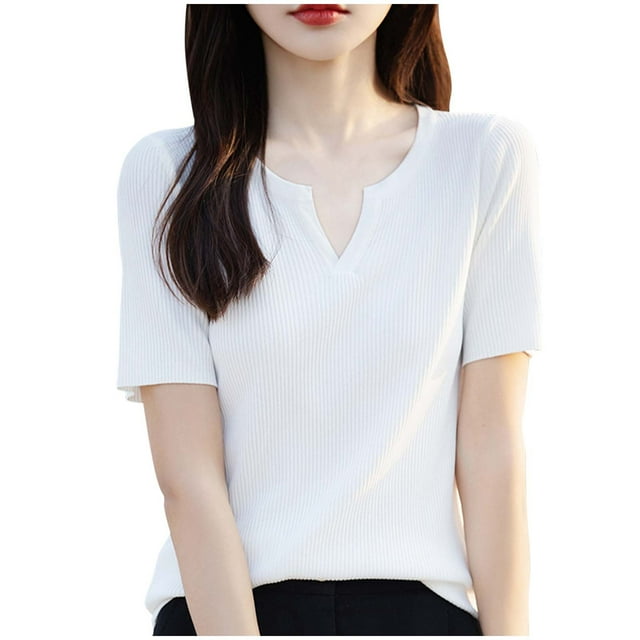 Timegard Hauts pour Femmes Tendance Été Décontracté Confortable Couleur Unie Manches Courtes Col Rond en V T-Shirts