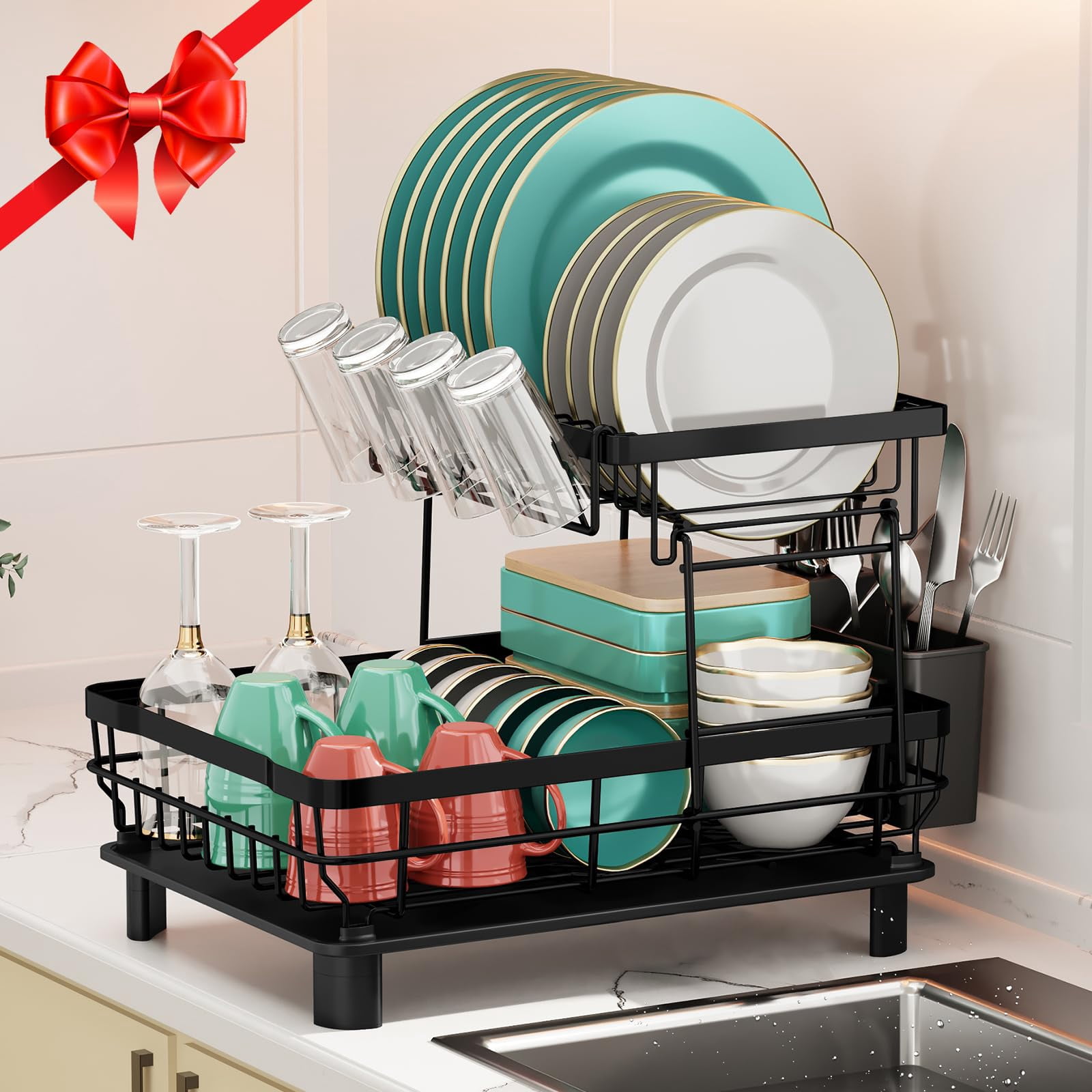 Dish Drying Rack  Stainless Steel Racks For Kitchen Counter Drainer With Removable Utensil Holder Drainboard (black 2 Tier 13''w X 17''l)