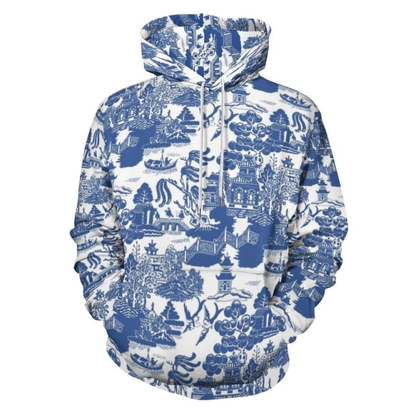Blue Willow Chinoiserie Blue And White Porcelain Inspiration 3D Print Hoodie Men Women Autumn Thin Pullover Sweatshirt Vintage Streetwear Tops