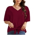 thumbnail image 6 of Uvplove Womens Tie Front Blouses V Neck Short Sleeve Chiffon Tops Dressy Casual Summer Shirts,Wine Red,US Size L, 6 of 10