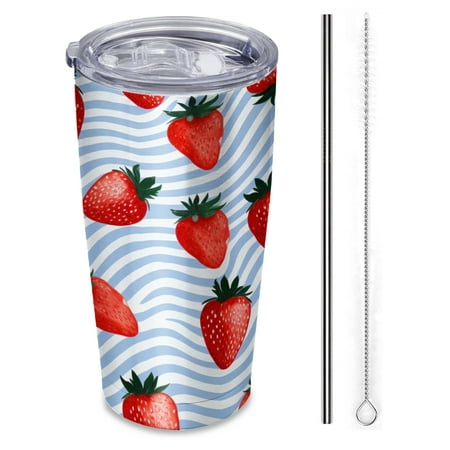 

strawberry pattern of blue and white wavy background Insulated Travel Tumbler 20 oz Car Cup with Reusable Straw & Brush Hot & Cold Beverage Cup for Office/Outdoor