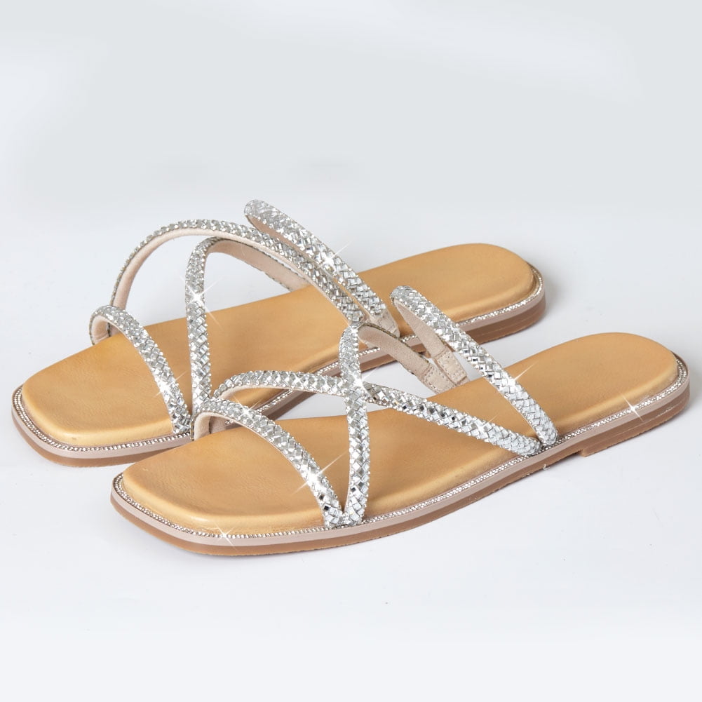 Erocalli Women's Flat Slipper Sandals Sparkle Crystals Slides Leisure ...