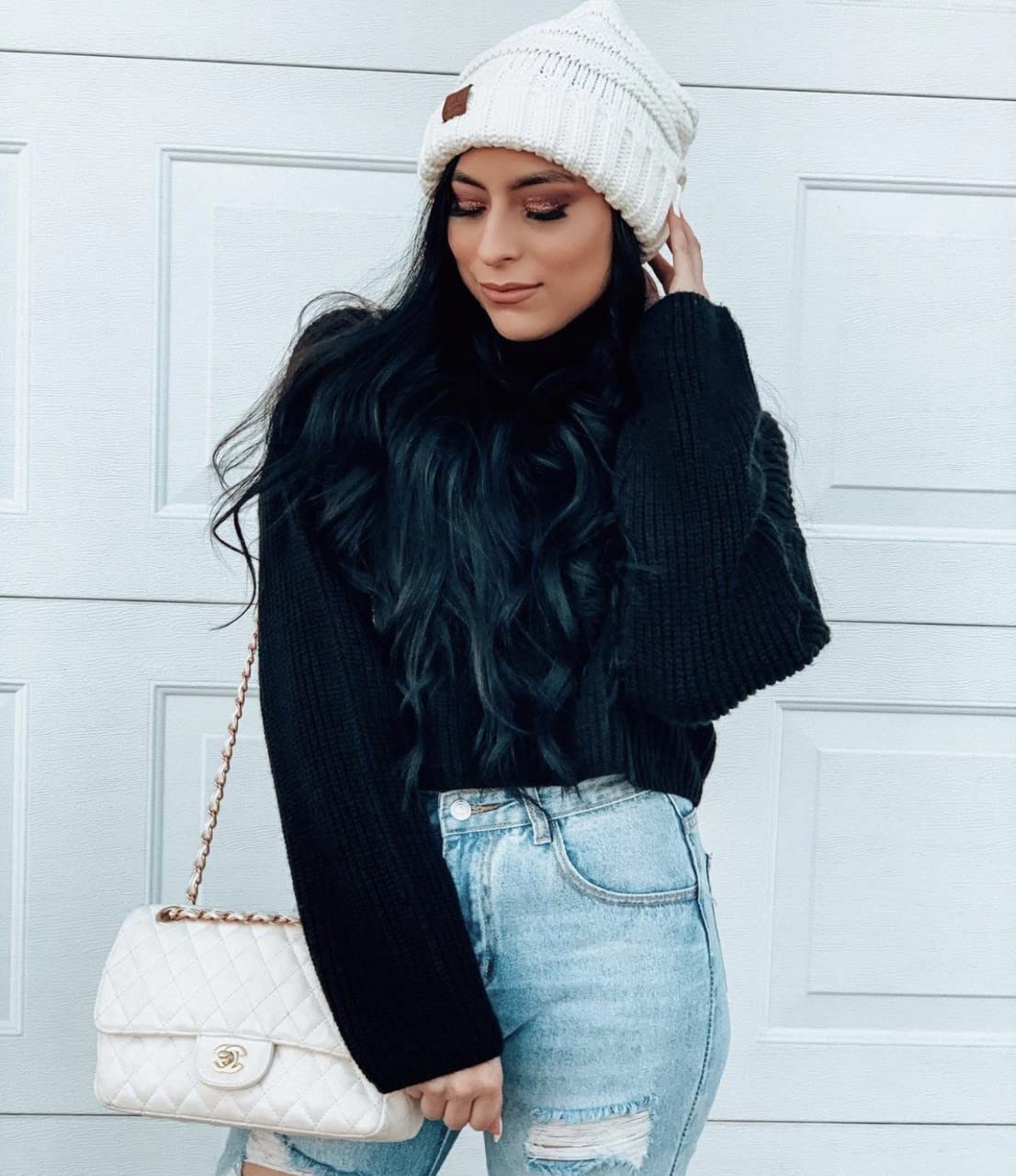 Funky Junque Slouchy Beanie for Women – Warm Winter Hat, Soft Chunky Cable Knit Oversized Slouch Beanies for Cold Weather, Cozy Stylish Fashion Hats - Ivory