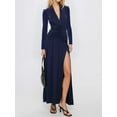 thumbnail image 5 of Female Long Sleeve Maxi Dress V Neck Wrap Waist Formal Long Cocktail Dresses Night Out Outfits Navy Blue M, 5 of 8