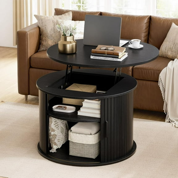 Round Lift Top Coffee Table, Fluted Wood Accent Coffee Table with Hidden Storage and Open Shelves, Drum Table with Sliding Rolling Door, Small Center Table Dining Table for Living Room, Black