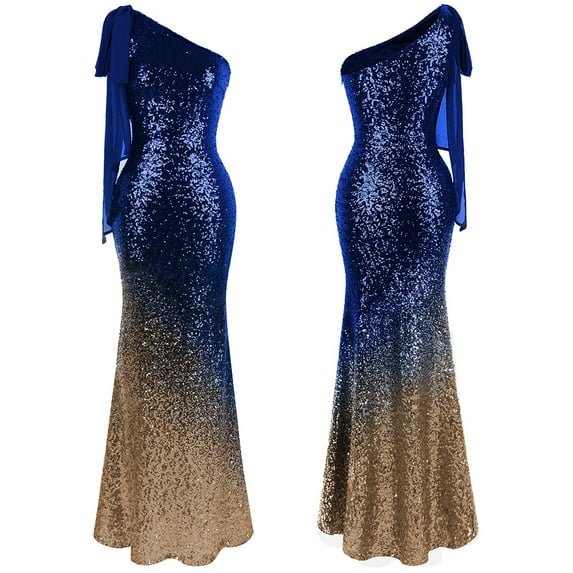 Angel-fashions Women's Asymmetric Ribbon Gradual Sequin Mermaid Prom Dress Vintage Elegant Formal Bodycon Dresses Evening Party Tube Top Prom Gown Wedding Bridesmaid Maxi Skirt Light Navy XX-Large