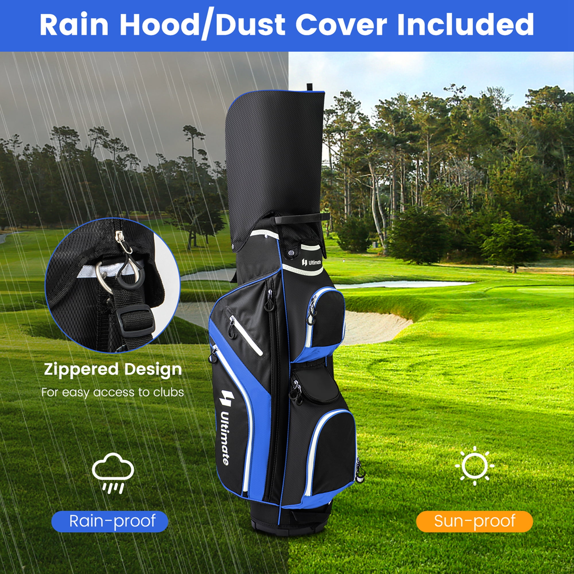 Costway Lightweight Golf Cart Bag with 14 Way Top Dividers 9 Pockets Rain Hood Cooler Bag Blue
