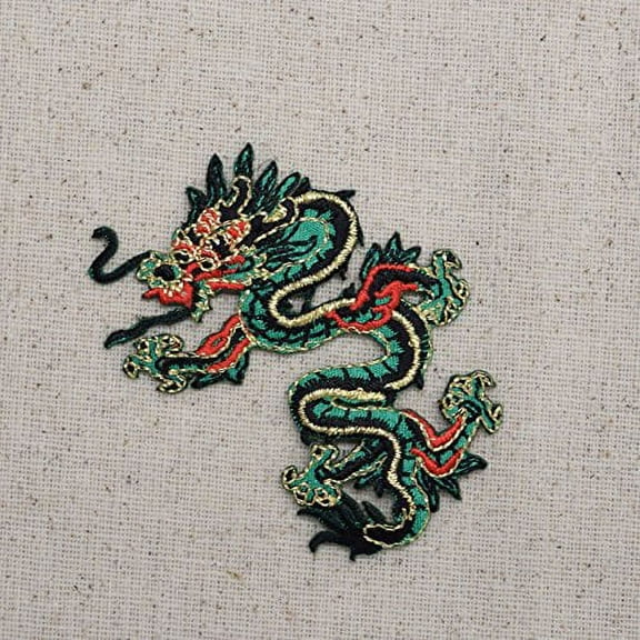 Large - Dragon - Facing Left - Green/Red - Iron on Applique/Embroidered Patch