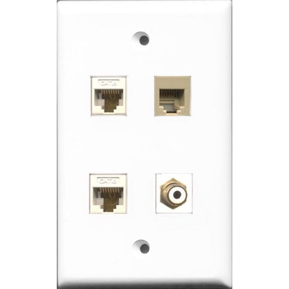RiteAV 1 Port RCA White and 1 Port Phone RJ11 RJ12 Beige 2 Port Cat6 Ethernet White Wall Plate