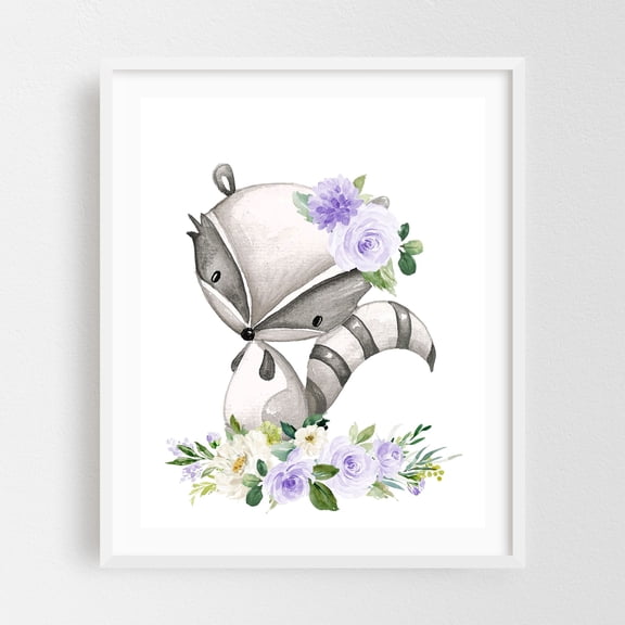 Raccoon, Forest Animals, Woodland Animals, Boho, Purple Flowers, Gender Neutral Nursery - Illustration Animal Watercolor Floral Whimsical Woodland Flowers White Framed Wall Art Print 11 x 14 inches