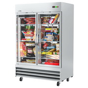 KoolMore 47 Cu. Ft. Commercial Stainless-Steel Upright Reach-In Freezer with Self-Close Glass Doors in Silver.