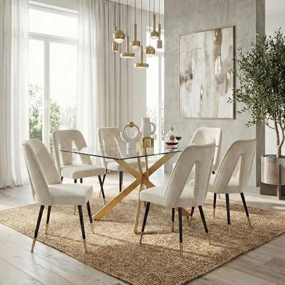 Sword Rectangular Glass Dining Table with Cleo Velvet Dining Chairs, Gold Finish, 12mm Tempered Glass, 59x35.5x30 Inches, 7 Piece Set