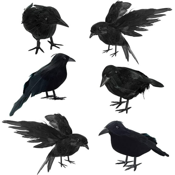 6 Pieces Halloween Black Crows Feathered Crows Realistic Looking Ravens Large Handmade Black Crow for Halloween Decoration Halloween Party Supplies