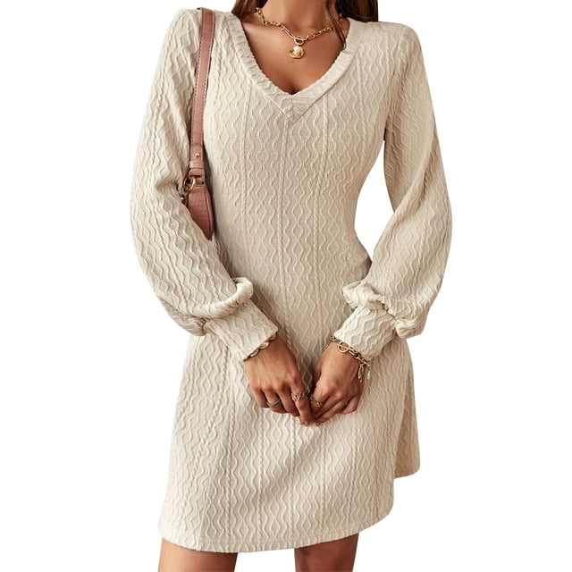 Vestido de punto de manga larga con escote en V para una cintura elegante y estilizada para otoño/invierno
