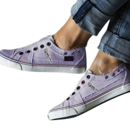 

Womens Canvas Flat Shoes Punch Zipper Washed Casual Loafers 41