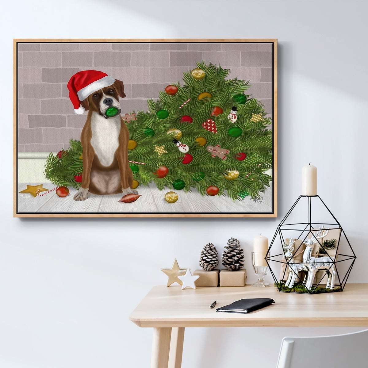 Christmas Boxer and Broken Christmas Tree - Framed Gallery Wrapped Holiday Canvas - 17 x 25 - Natural Wood Frame
