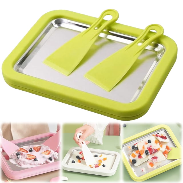 Kit de Fabrication de Crème Glacée Roulée à Domicile 1 Pce, Plaque de Congélation Instantanée avec 2 Grattoirs, Plaque Froide en Acier Inoxydable pour Activités Familiales Amusantes, Crème Glacée Roulée Maison DIY, Yogourt, Sorbet, Machine à Gelato (Vert)
