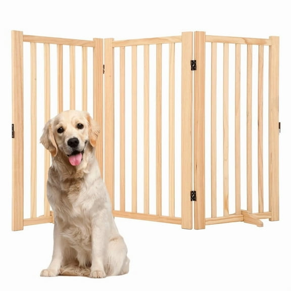 Towallmark 36 Inch Height 3 Panel Pet Gate, Freestanding Wooden Dog Gate, Folding Expandable Safety Barrier with Support Feet, Indoor Pressure Mount for Doorway Stairs Hallway, Solid Hardwood