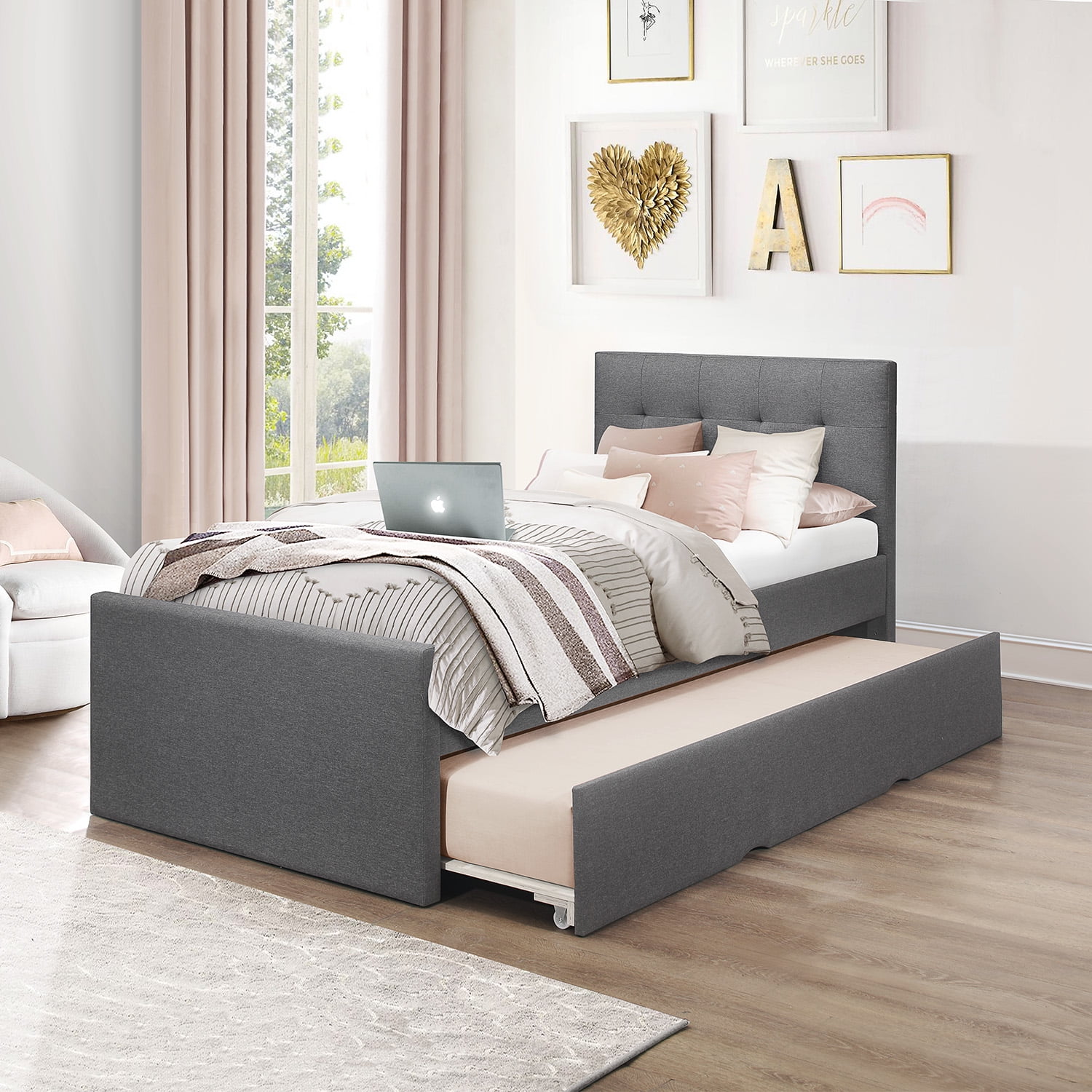 Emory Upholstered Twin Platform Bed, Gray Twin Bed
