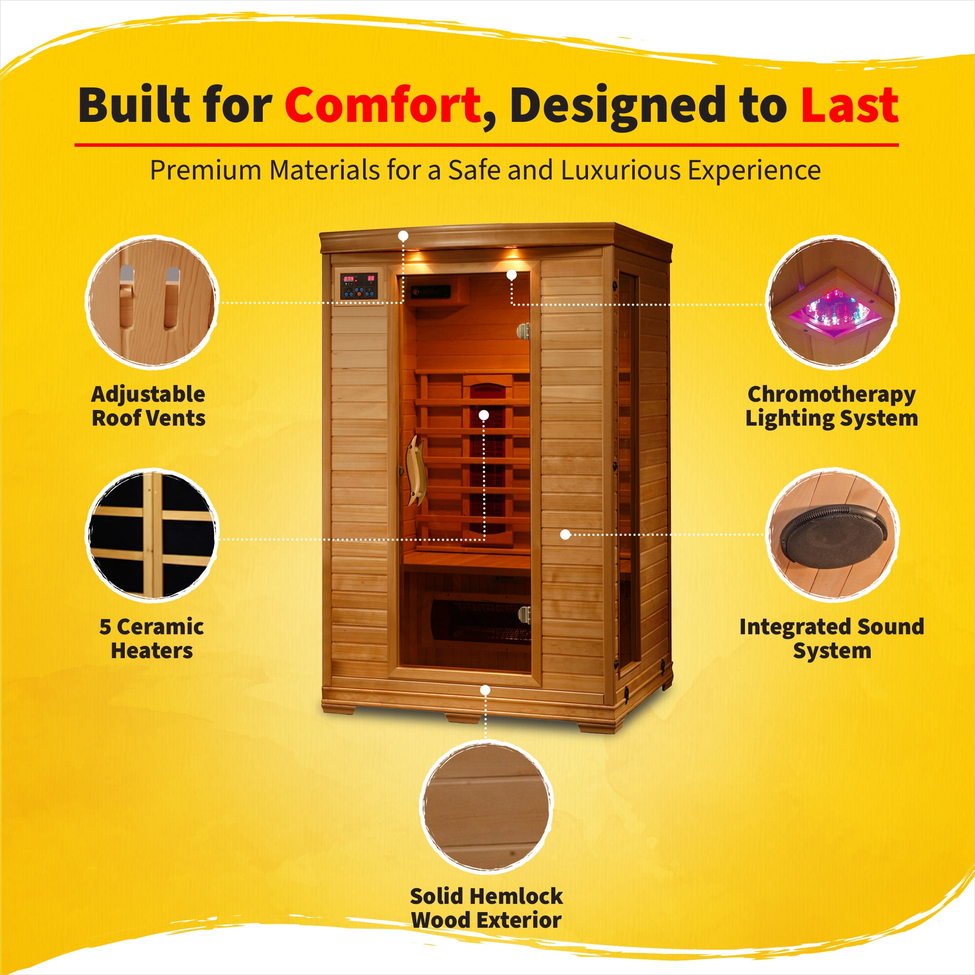 Coronado 2-Person Hemlock Infrared Sauna with 5 Ceramic Heaters, 75-in High