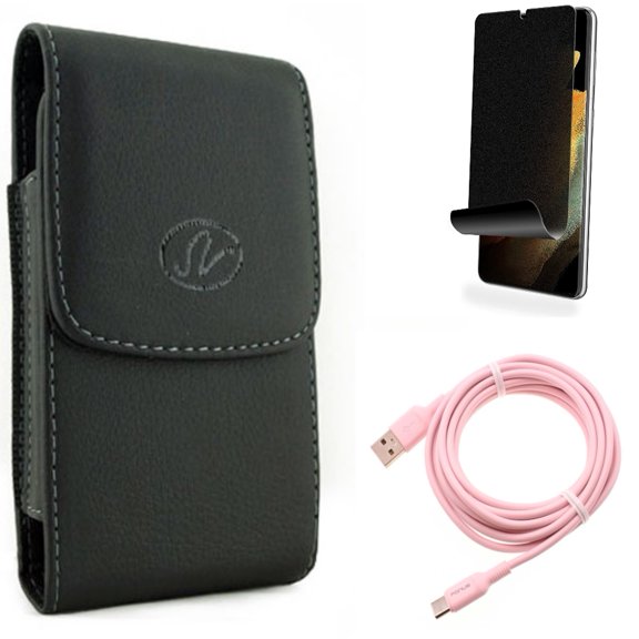 Case Belt Clip & 10ft Long USB-C Cable & Privacy Screen Protector for Samsung Galaxy S22 Plus (S22 ) - Combo Leather Holster Cover & Pink Charger Cord Power Wire & TPU Film (Fingerprint) Anti-Peep