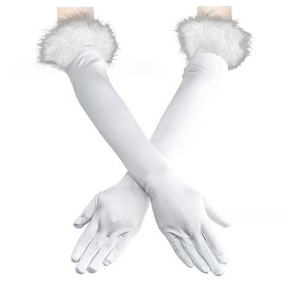 MIASHUI Women's Long Satin Opera Gloves, Vintage Style Gloves with Feather , Elegant Gloves for Weddings & Parties, Stretchable Comfort Fit White