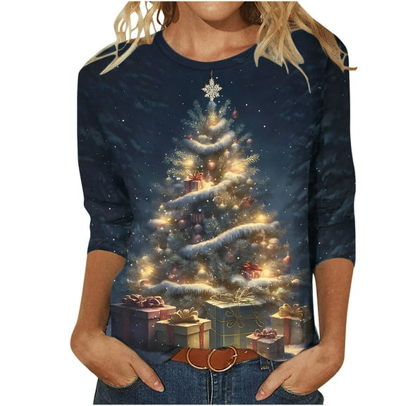 Otvok Women'S Christmas Blouse Casual Christmas Tree Print Round Neck 3/4 Sleeve T-Shirt
