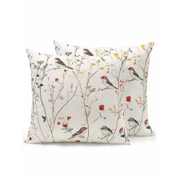 Outdoor Pillows Waterproof, Spring Floral Bedding Throw Pillows with Insert for Couch Sofa Bed, Summer Birds Botanical Country 16x16 Inch Pillowcases Decorative Camping Patio Pillow Set of 2