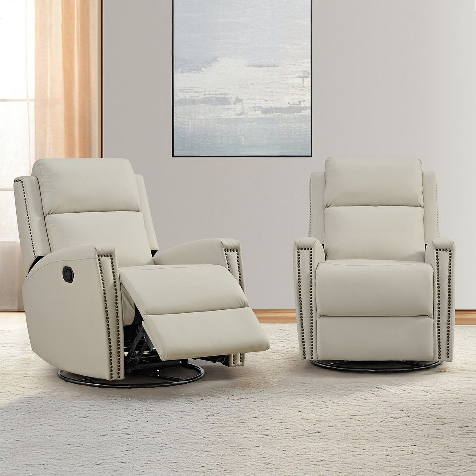 CHITA Faux Leather Swivel Glider Recliner with Nailhead Trim, Nursery Chair, Beige