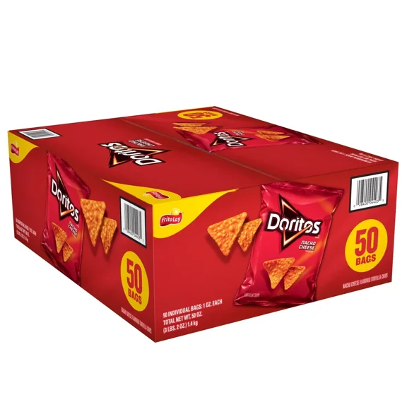 Doritos Nacho Cheese Tortilla Chips, 50-Count Individually Wrapped 1 oz Snack Bags