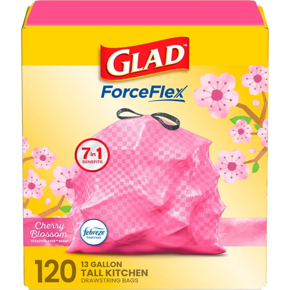 Glad ForceFlex 13-Gallon Drawstring Kitchen Trash Bags, Cherry Blossom Scent, 120 Bags