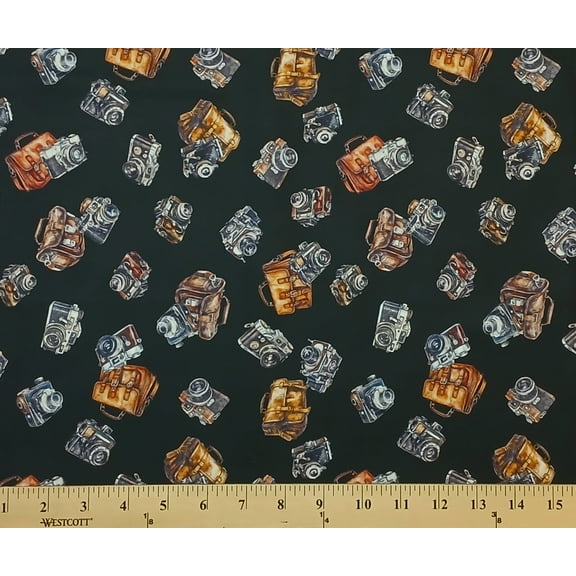 Cotton Globetrotter Cameras Bags Vintage Camera Quilting Treasures Cotton Fabric Print by the Yard (2600-30533-J)