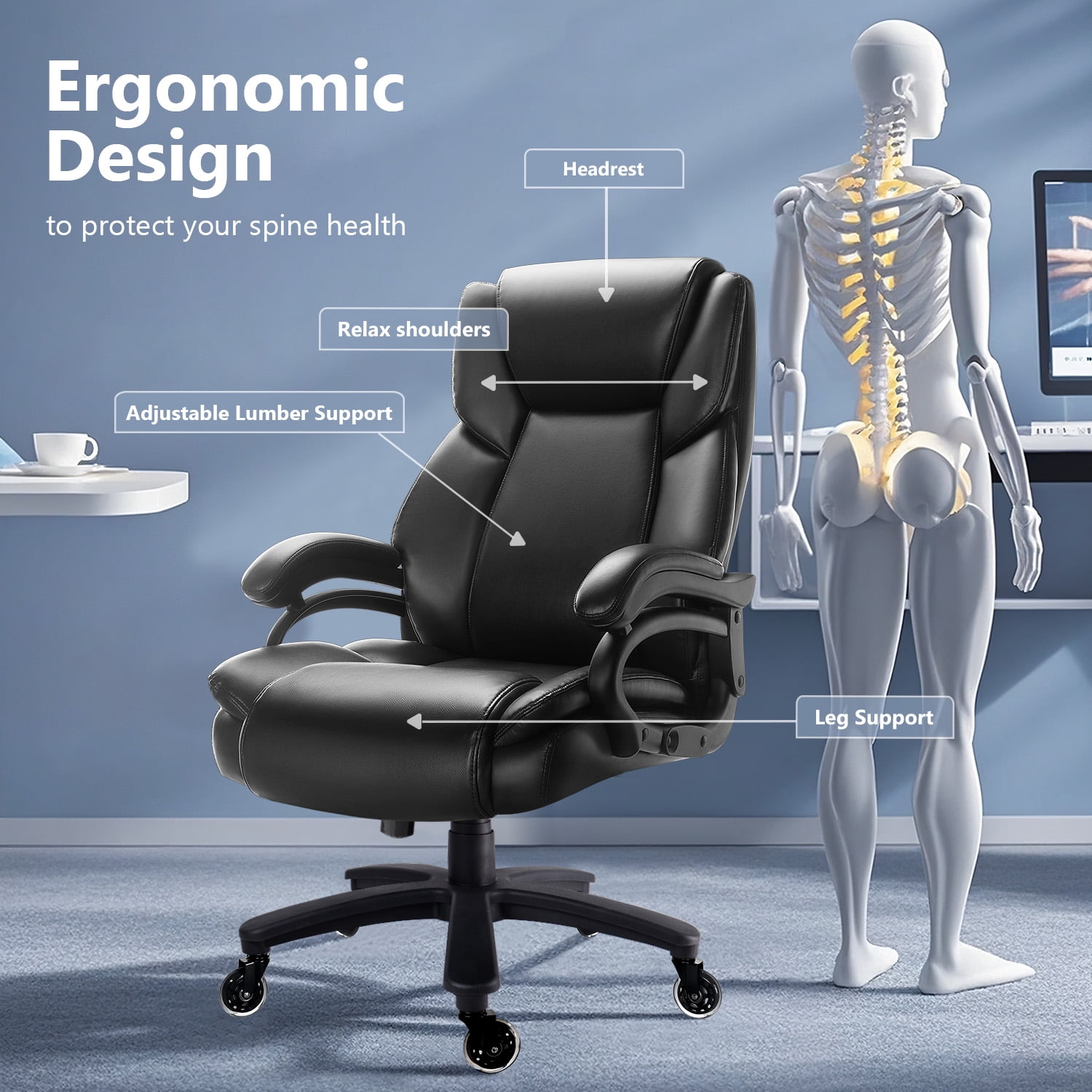 BOSSIN 500lbs Big and Tall Office Chair ,Heavy Duty Computer Desk Chair with Adjustable Lumbar Support