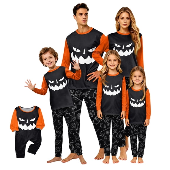 Family Matching Pajamas, Halloween Pajamas for Family, Halloween Matching Family Pajamas Black Orange Pumpkin Print Long Sleeve 2 Piece Pj Set Gothic Sleepwear Nightwear Loungewear Dracula Photos