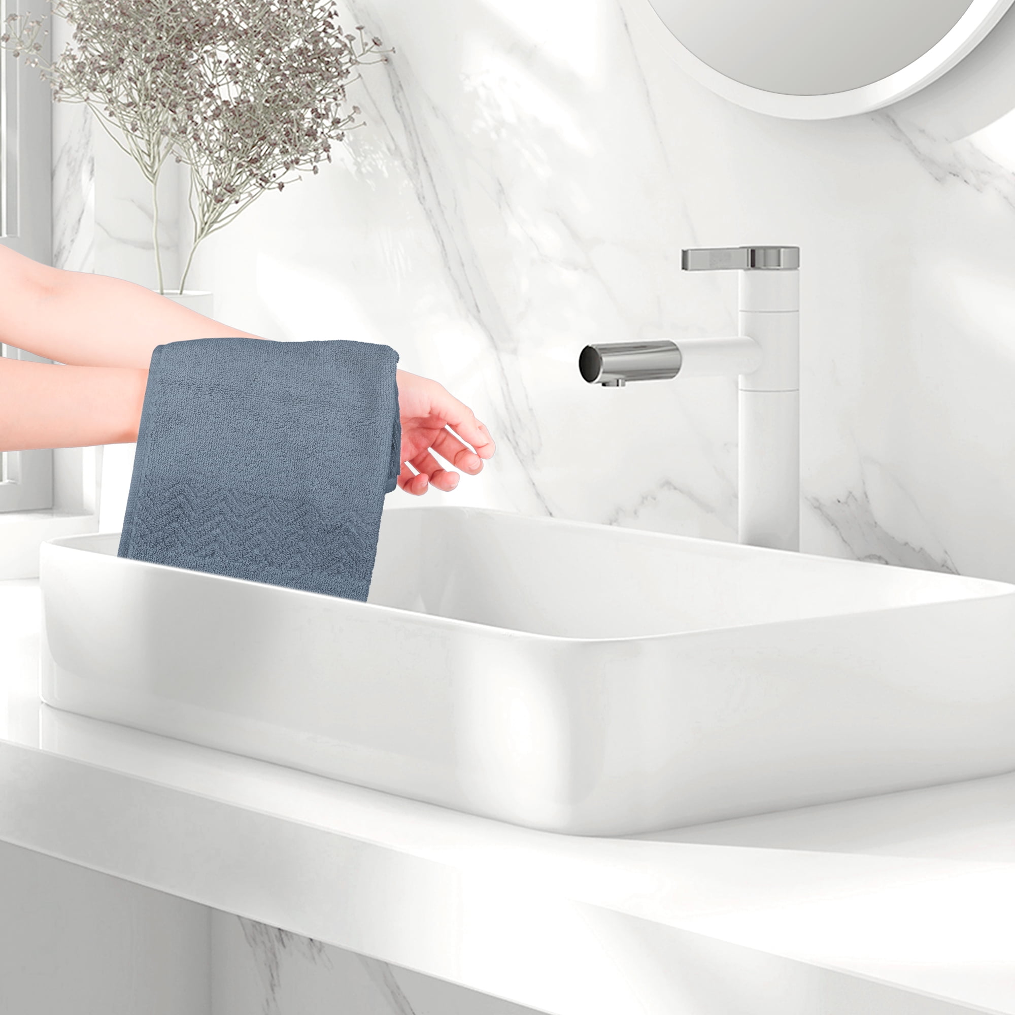 Unique Bargains Geometric Washcloths Set Cotton Bath Towels Low Lint Dark Blue 6