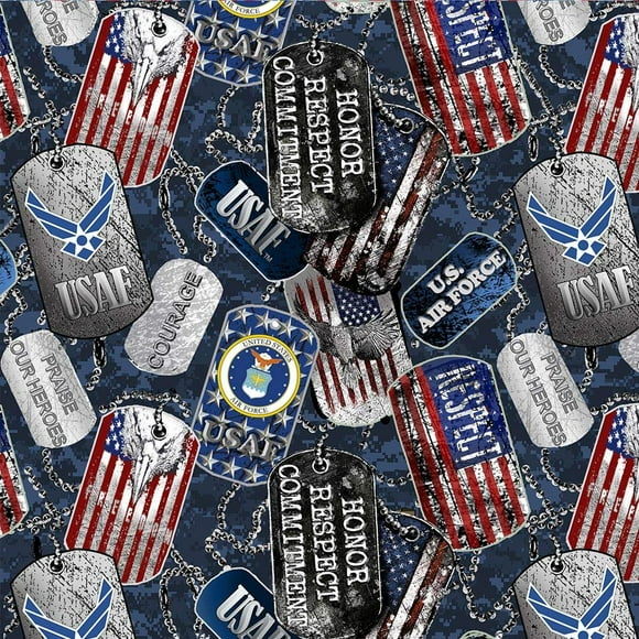 Tissu en Coton US Air Force USAF Militaire des États-Unis avec Étiquettes pour Chiens et Design Camouflage Digi pour le Sol - Vendu au Yard