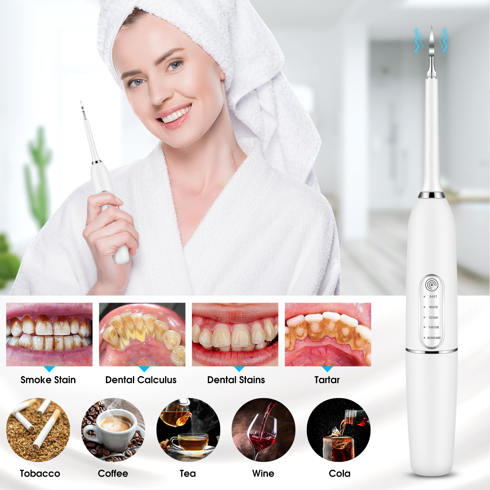 Ultrasonic Dental Scaler Electric Tooth Cleaner Calculus Remover Teeth Whitening, White