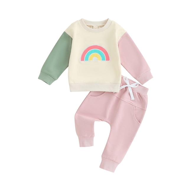 Gupgi 2Pcs Baby Boy Girl Fall Winter Clothes Rainbow Color Block Crewneck Sweatshirt Tops Solid Pants 0-3 Years